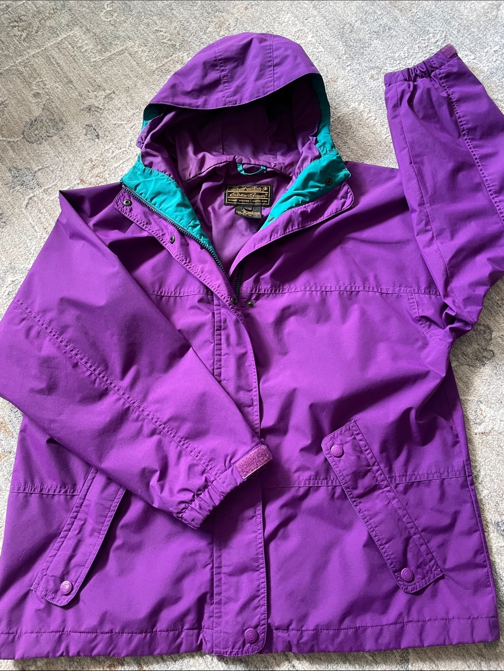 Vintage 90s Eddie Bauer Gore-Tex Hooded Rain Jacket Womens Medium Purple Teal